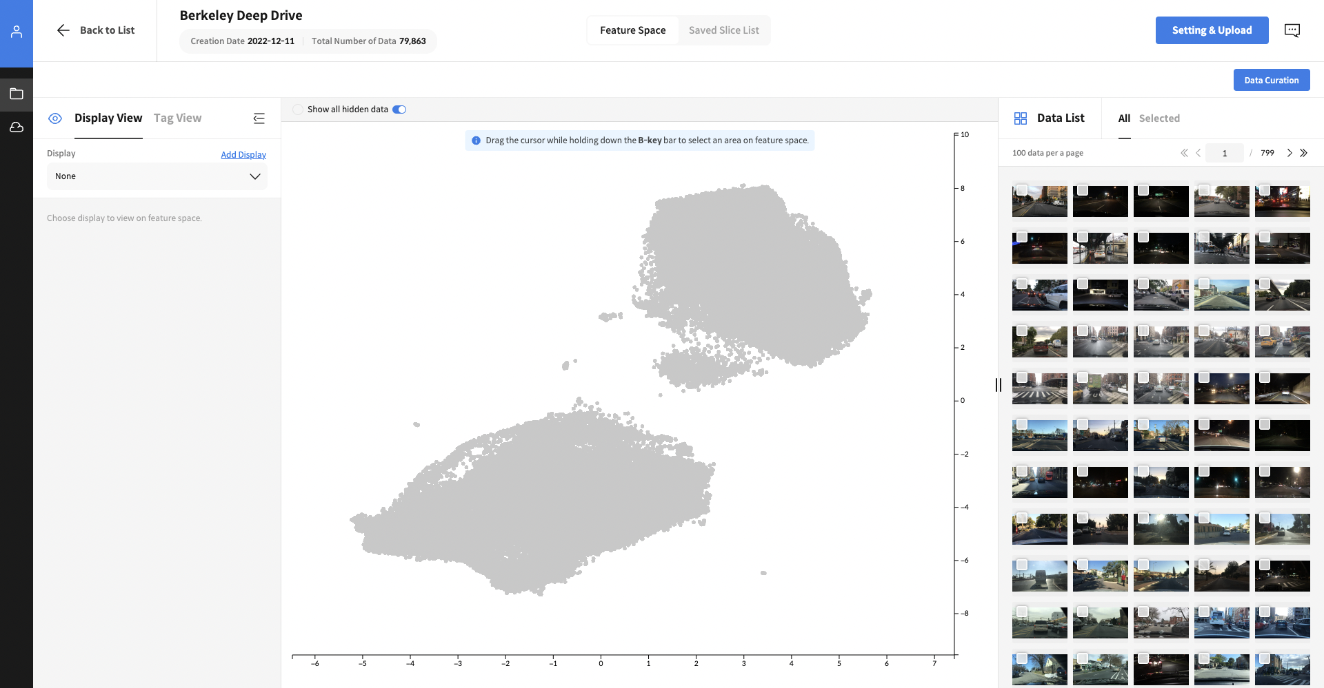 When you enter a completed uploaded dataset, you can check the distribution in the Feature Space, as shown in the image.